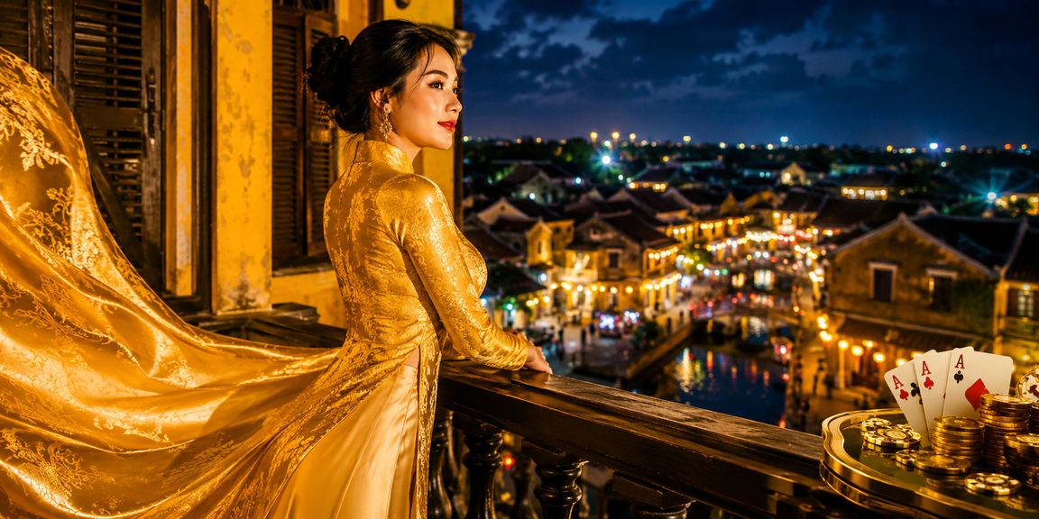 Người phụ nữ mặc áo dài chơi bài tại Hội An trong không gian giải trí truyền thống